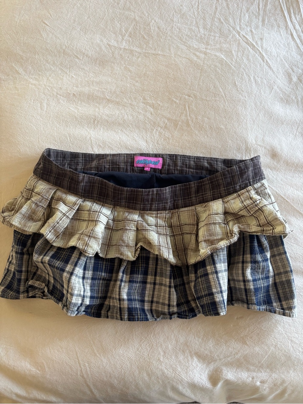 Edikted Plaid Layered Ruffle Mini Skirt - Navy, Cream & Brown